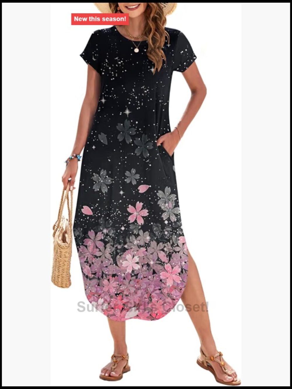 Women's Casual Short Sleeve Loose Floral Maxi Dress with Pockets